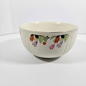 Hall China Crocus Mixing Bowl Vintage Ceramic Ribbed Floral Silver Rim USA 7.5in